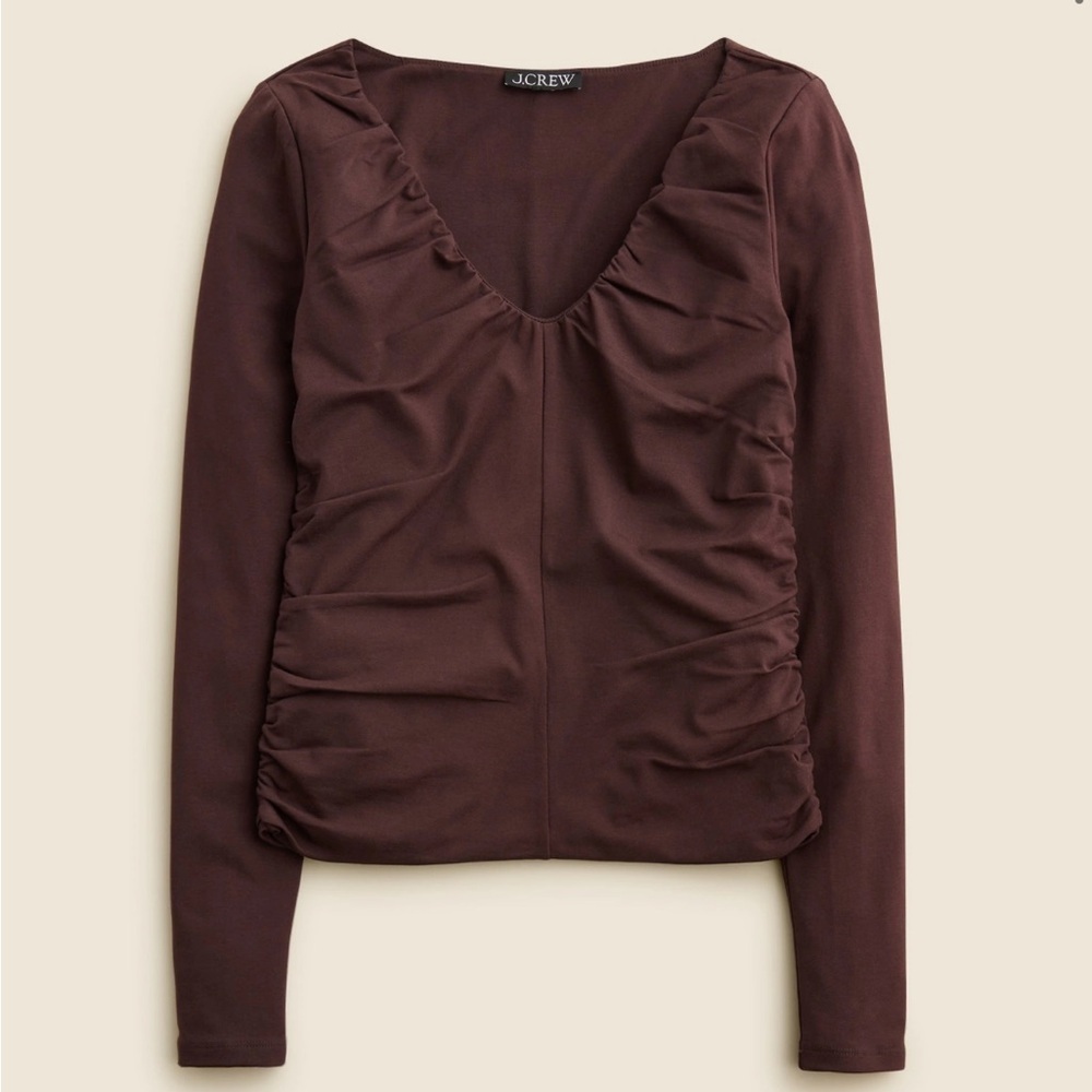 J Crew Stretch cotton blend ruched V neck top Cocoa Berry brown stretch Sz M